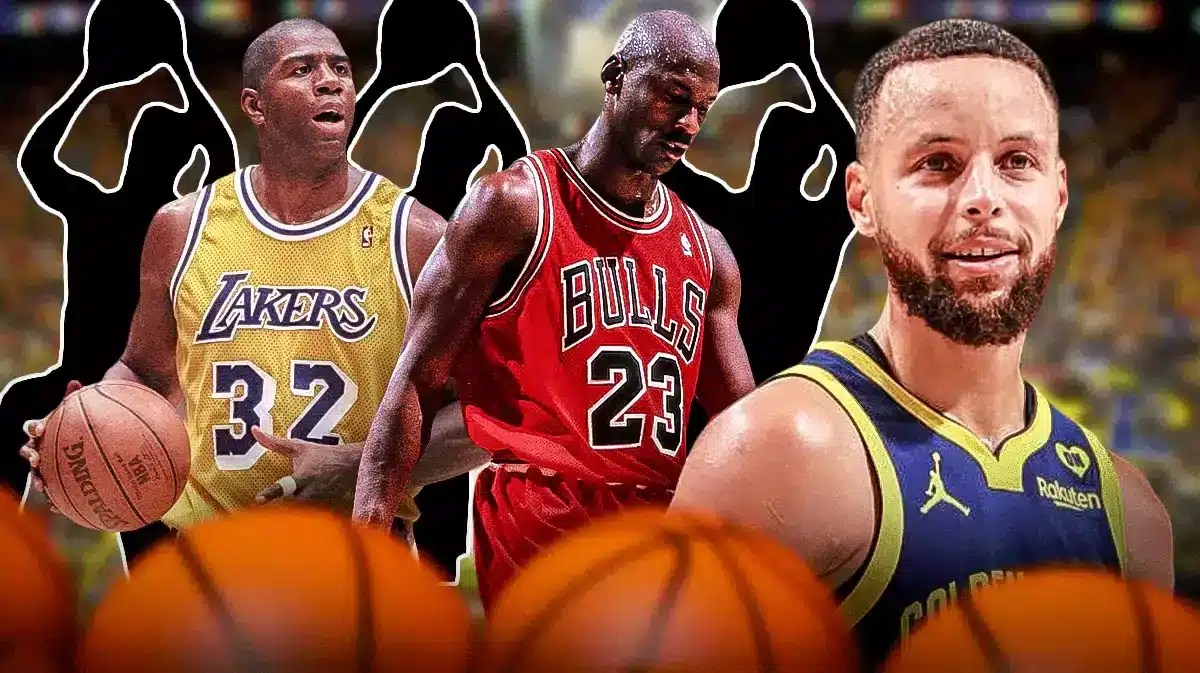 Stephen Curry on one side, Michael Jordan, Magic Johnson, and three silhouettes of basketball players on the other side