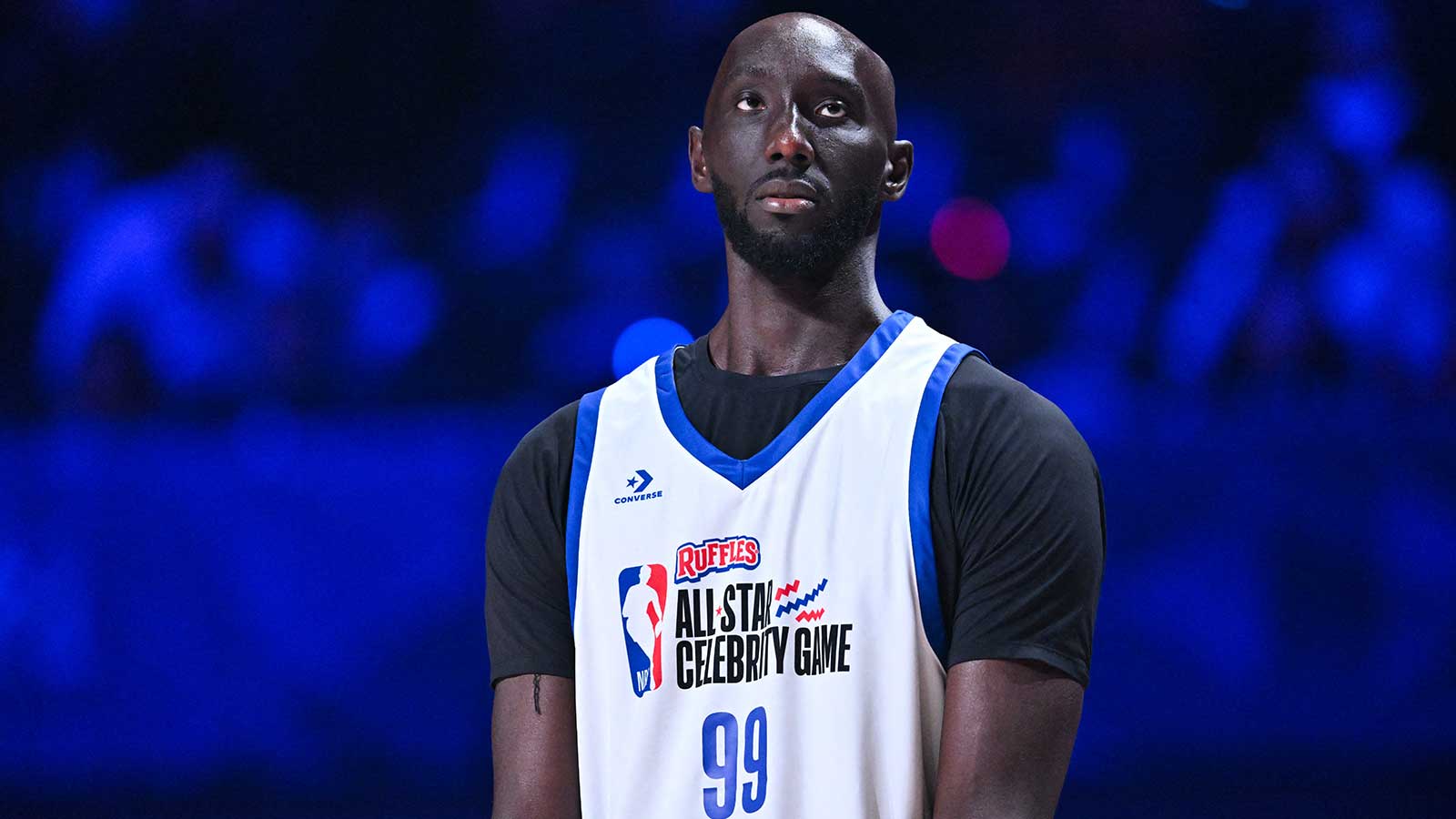 Tacko Fall of Team 1 looks on during the NBA All Star Celebrity Game at Kia Forum. 
