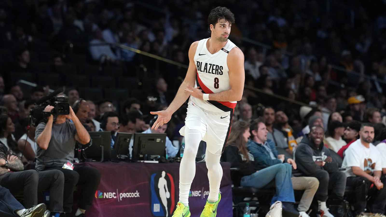 Portland Trail Blazers forward Deni Avdija (8) gestures after a three-point basket against the Los Angeles Lakers in the second half at Crypto.com Arena.