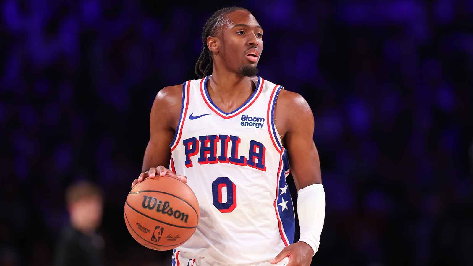 Philadelphia 76ers guard Tyrese Maxey (0) controls the ball against the Detroit Pistons during the third quarter at Xfinity Mobile Arena.