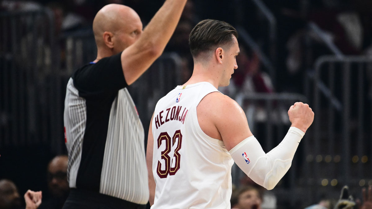 Cleveland Cavaliers forward Mario Hezonja (33) celebrates after hitting a three point basket during the first half against the Brooklyn Nets at Rocket Arena.