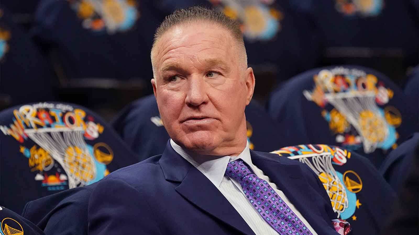 Former Golden State Warriors forward Chris Mullin watches warmups before the Warriors vs. Denver Nuggets game at Chase Center.