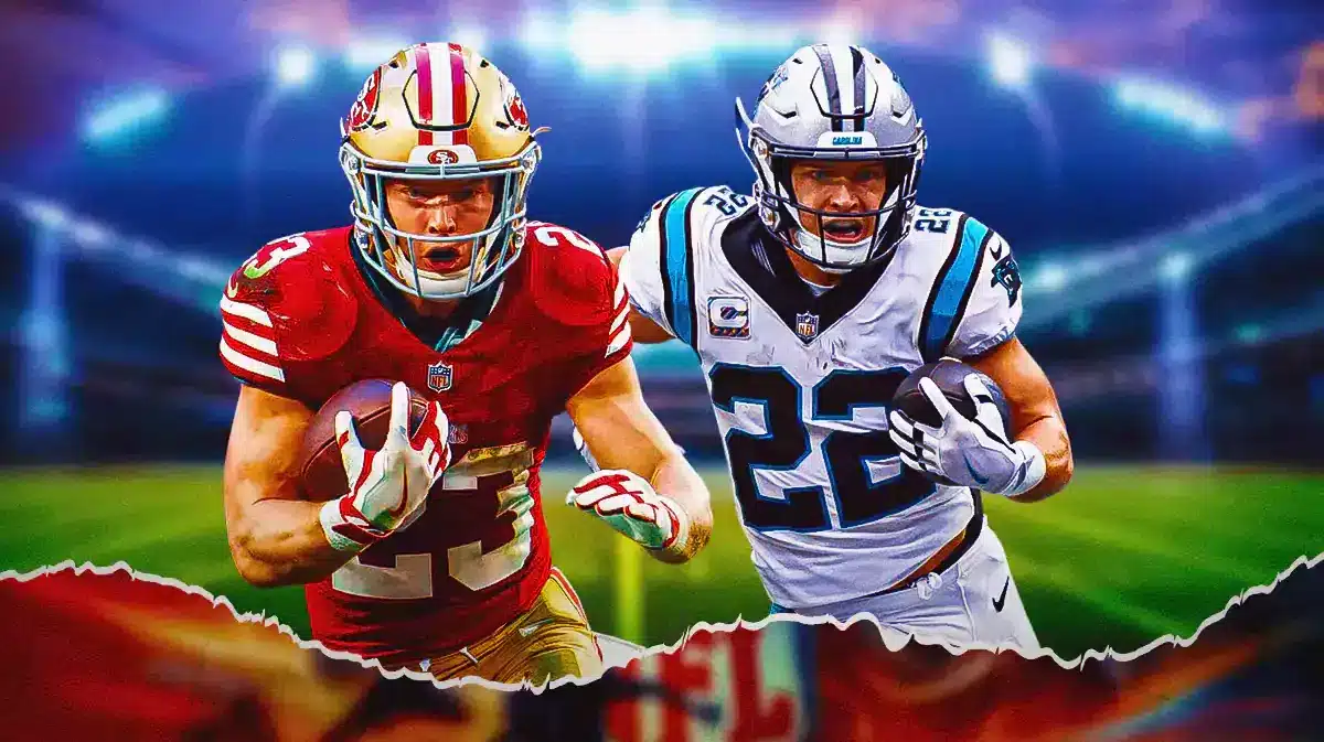 Christian McCaffrey playing for the San Francisco 49ers and the Carolina Panthers.