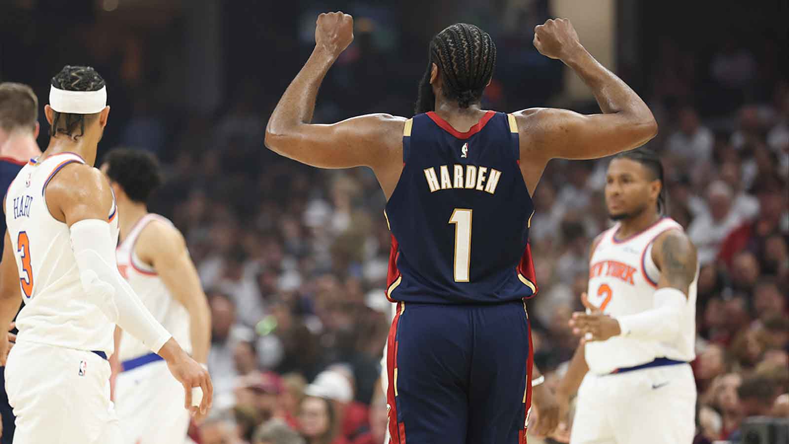 Cleveland Cavaliers guard James Harden (1) reacts in the first quarter against the New York Knicks during game three of the eastern conference finals for the 2026 NBA playoffs at Rocket Arena.