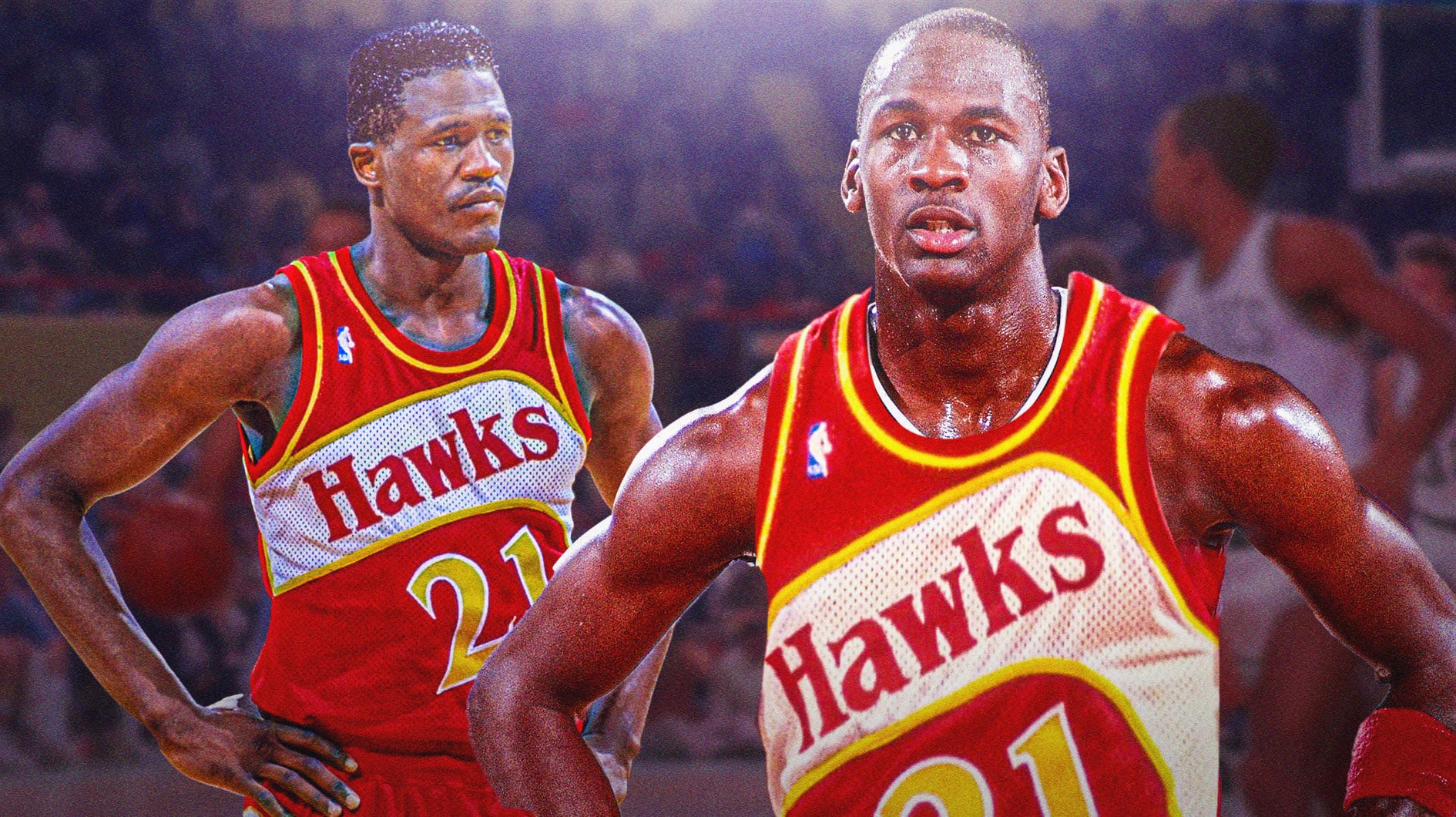Michael Jordan in an 80s era Hawks jersey along with Dominique Wilkins also in Hawks jersey.