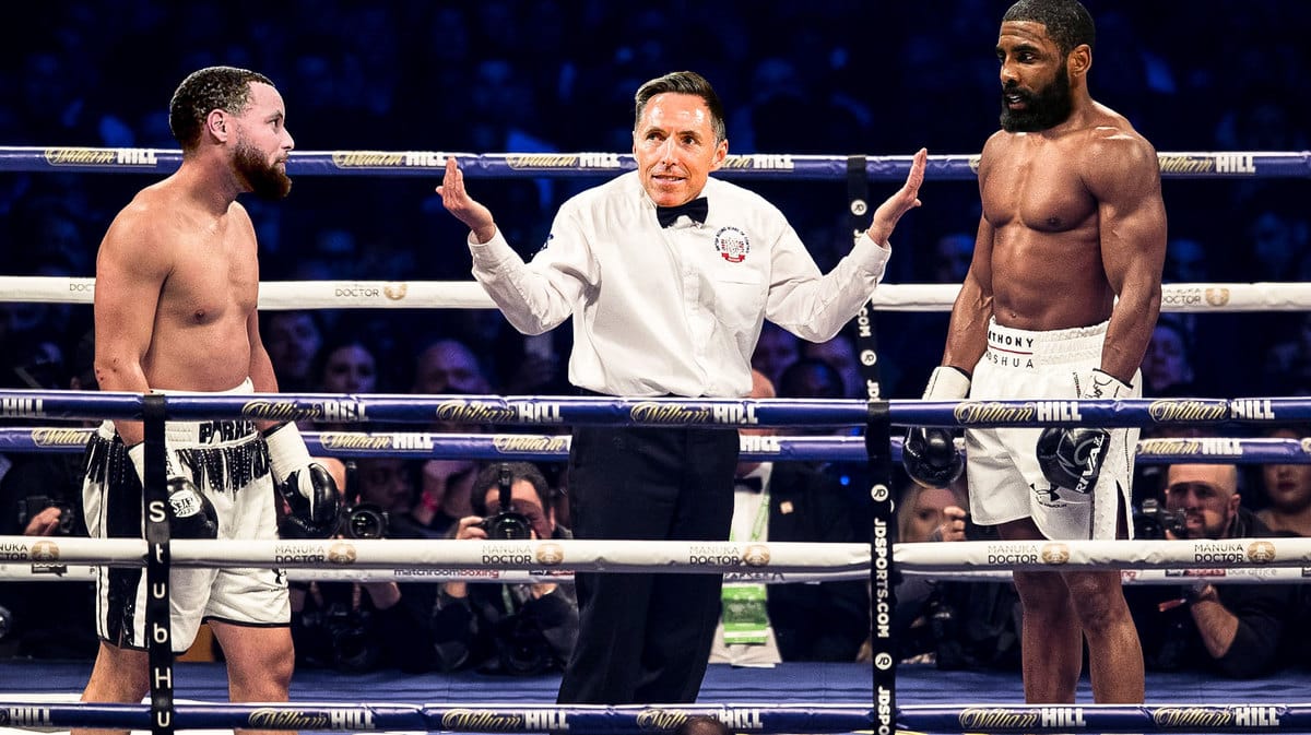 Kyrie Irving and Stephen Curry boxing. Steve Nash as referee