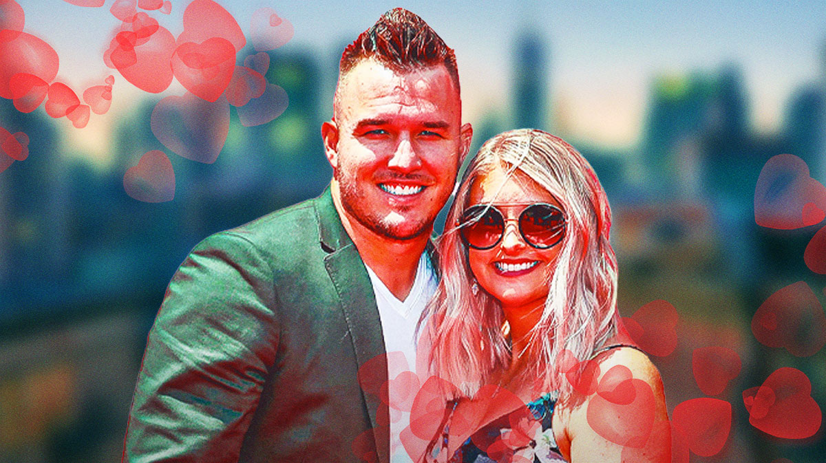 Mike Trout and Jessica Cox surrounded by hearts.