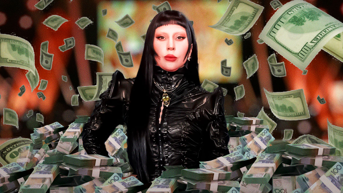 Lady Gaga surrounded by piles of cash.