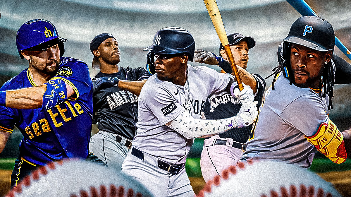 Cal Raleigh, Jazz Chisholm, Neil Cruz in the front of the graphic, preferably hitting baseballs. Behind them is Ken Griffey Jr. (backwards hat during Home Run Derby), Josh Hamilton (2008 home run derby). Home Run Derby logo front and center.