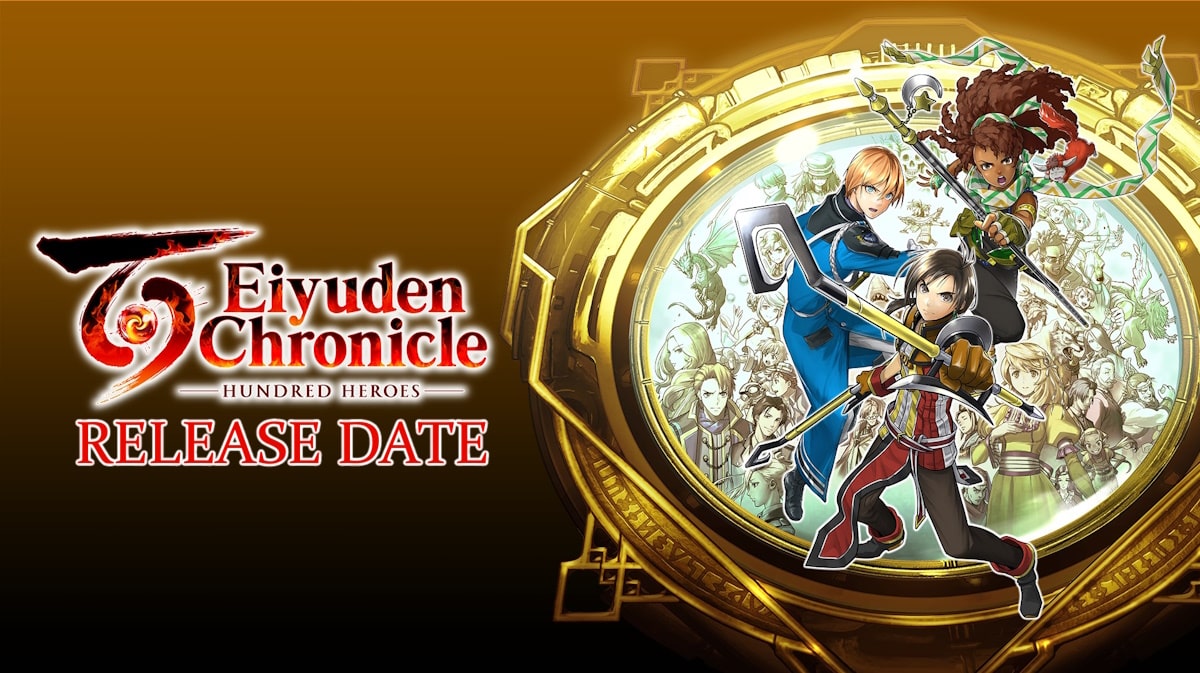 eiyuden hundred heroes, eiyuden hundred heroes trailer, eiyuden hundred heroes gameplay, eiyuden hundred heroes story, eiyuden hundred heroes release date, keyart for eiyuden hundred heroes with the words release date under the game title