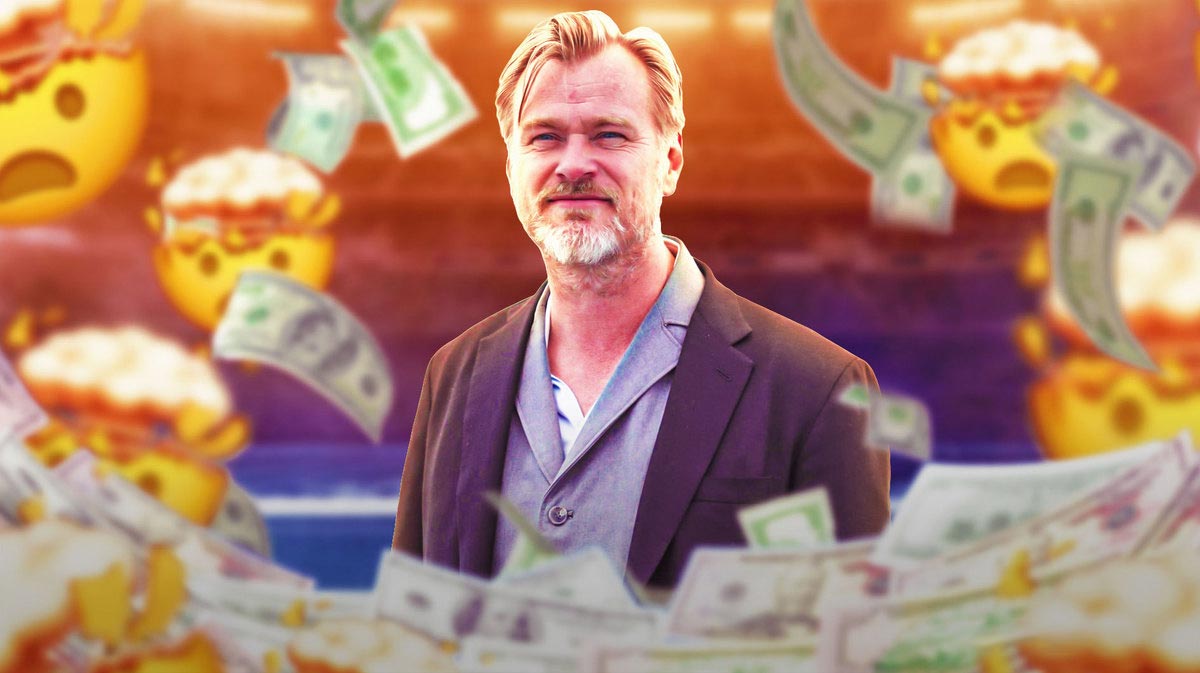 Christopher Nolan surrounded by piles of cash.
