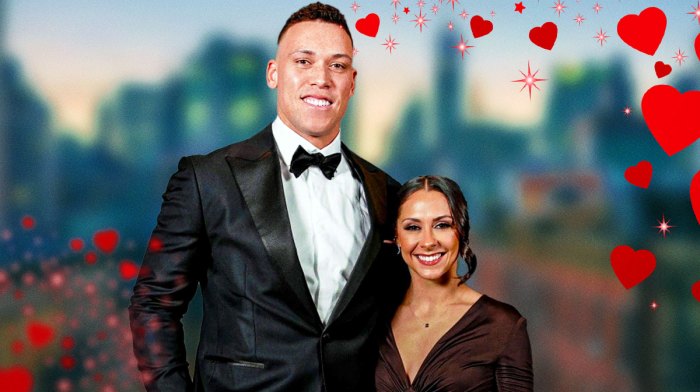 Aaron Judge and Samantha Bracksieck surrounded by hearts.