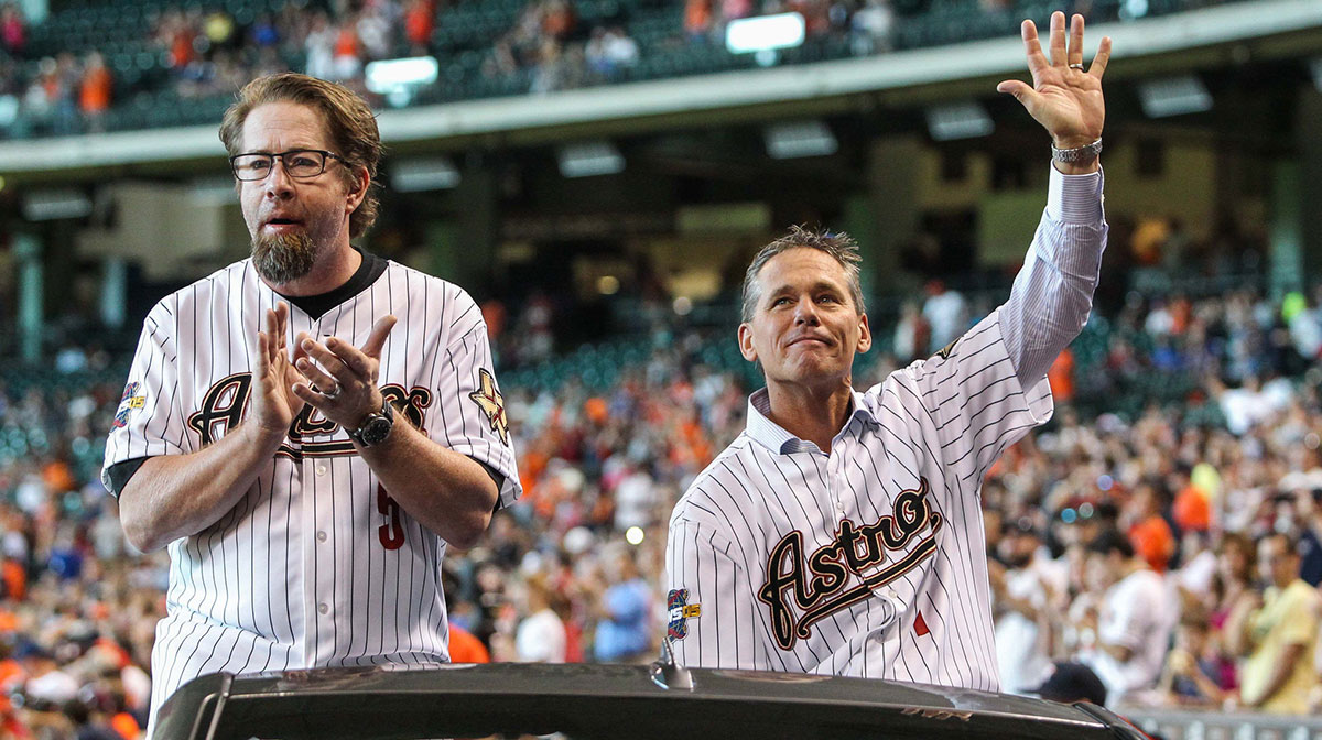Houston Astros former players Jeff Bagwell (left) and Craig Biggio (right) before a game against the Detroit Tigers at Minute Maid Park.