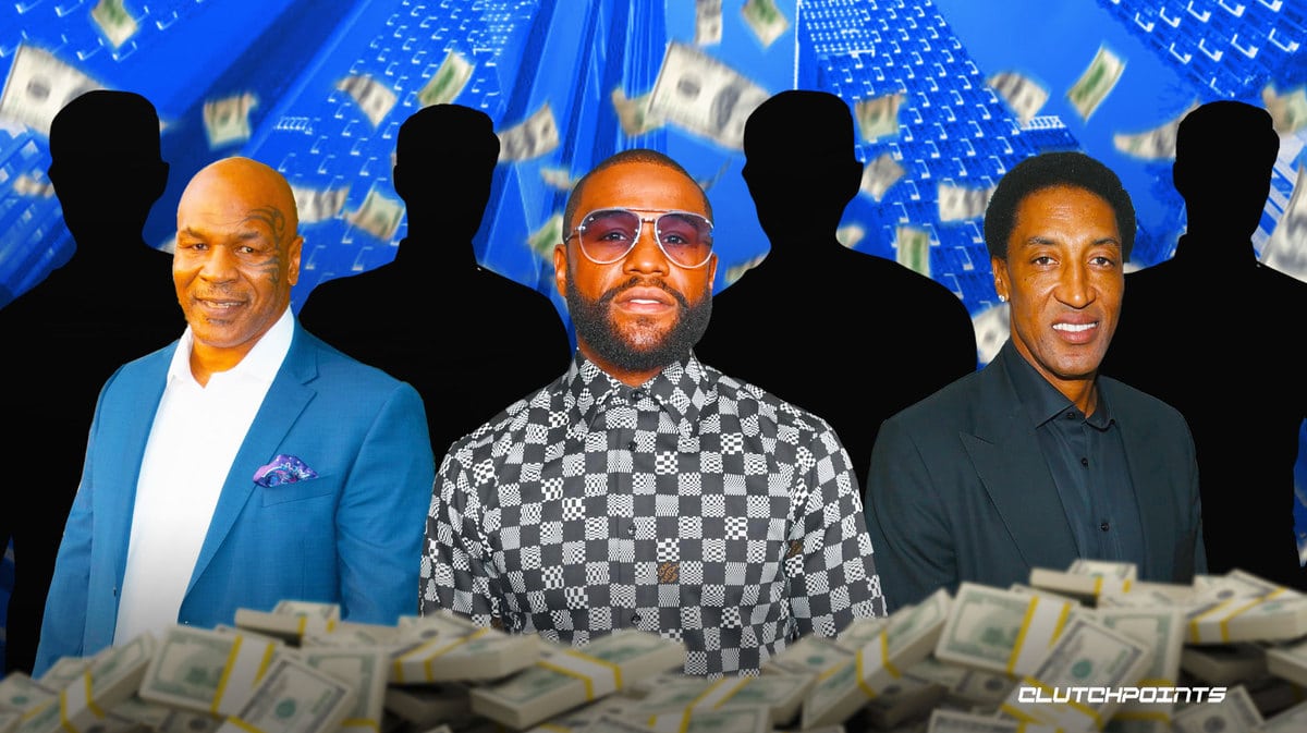 Floyd Mayweather in the center with Mike Tyson, Scottie Pippen beside him. Behind him are four silhouettes. Lots of money raining in the background.