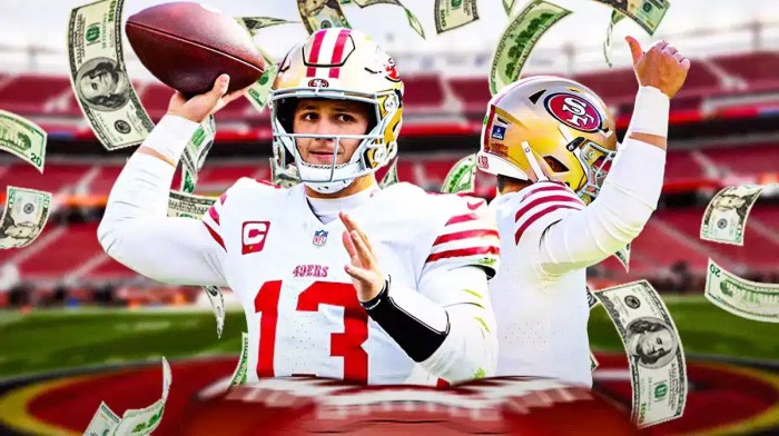 Brock Purdy surrounded by falling money.