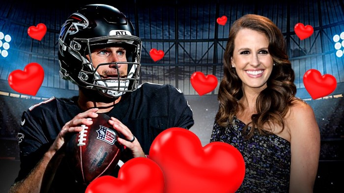 Kirk Cousins and Julie Hampton Cousins surrounded by hearts.