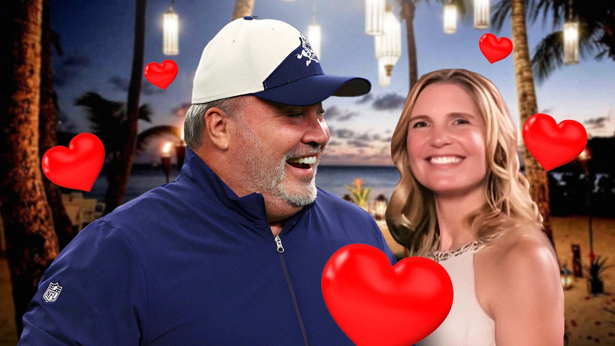 Mike McCarthy and Jessica Kress surrounded by hearts.