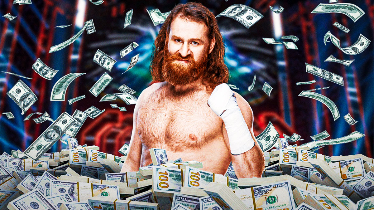 Sami Zayn surrounded by piles of cash.