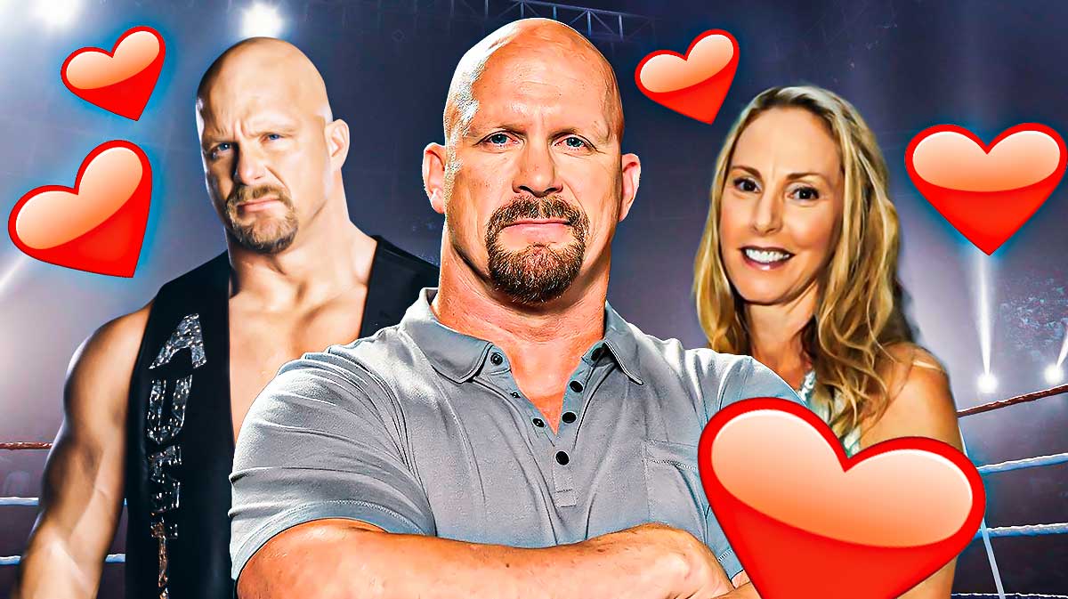Steve Austin and Kristin Austin surrounded by hearts.