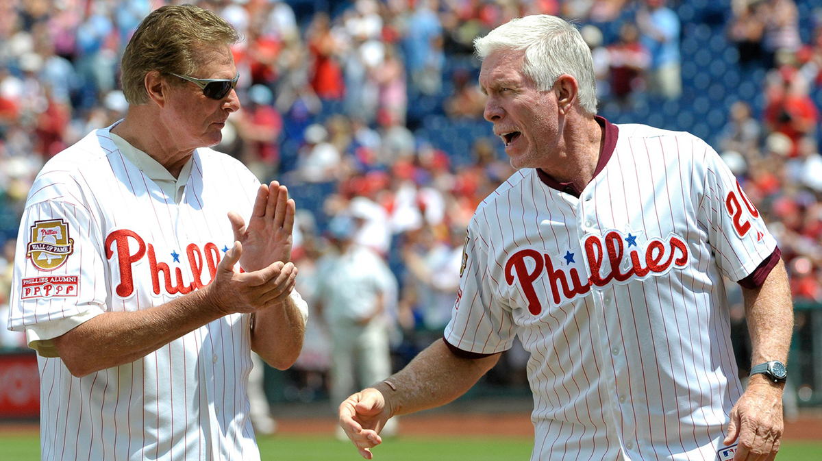 Philadelphia Phillies and Hall of Fame members Steve Carlton and Mike Schmidt during Phillies alumni ceremony prior to game against the New York Mets at Citizens Bank Park. The Phillies defeated the Mets, 7-6.