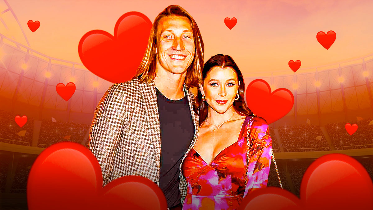 Trevor Lawrence and Marissa Lawrence surrounded by hearts.