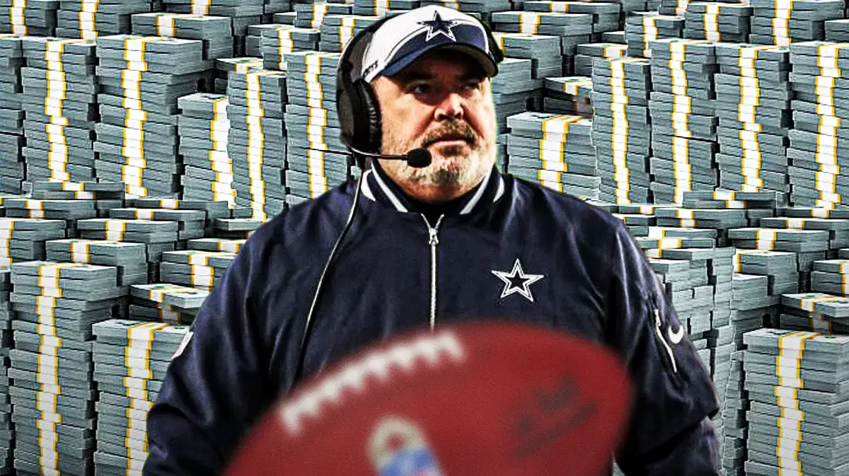 Mike McCarthy in front of piles of cash.