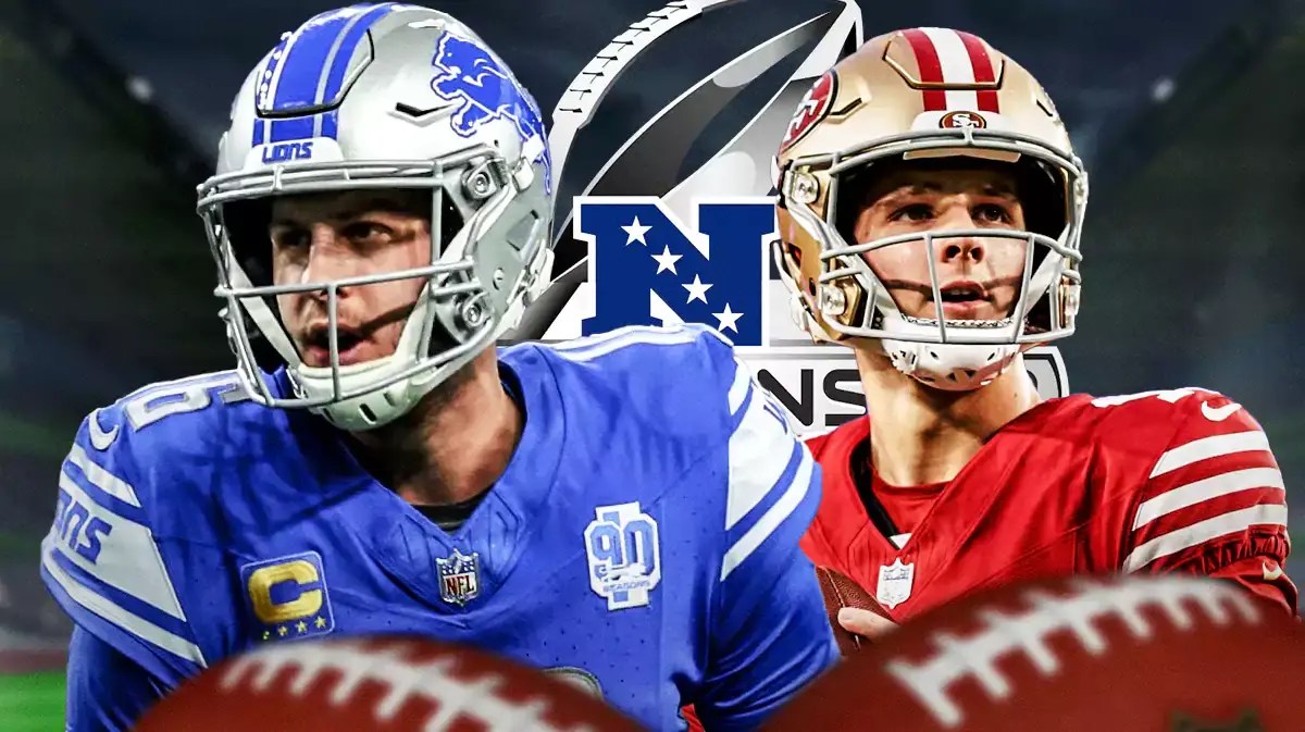Jared Goff and Brock Purdy with the NFC Champonship Game logo.