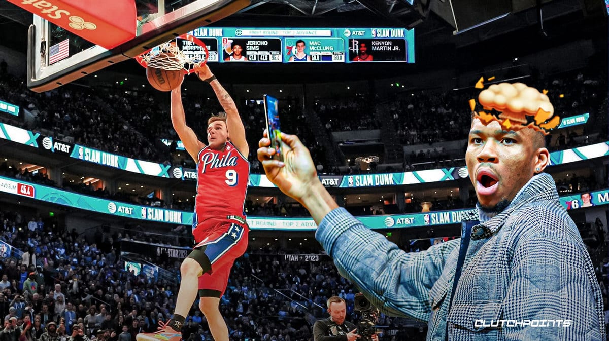 Giannis Antetokounmpo NBA Slam Dunk Contest Mac McClung Bucks Sixers 76ers