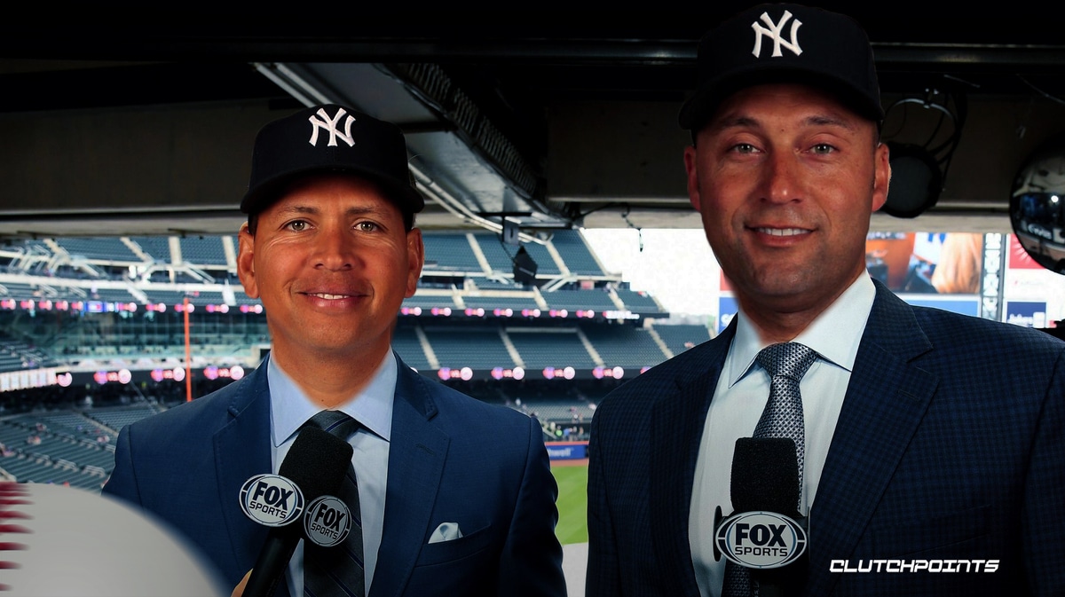 New York Yankees Derek Jeter reacts with Alex Rodriguez after