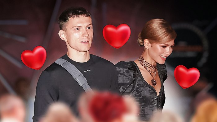 Tom Holland and Zendaya surrounded by hearts.