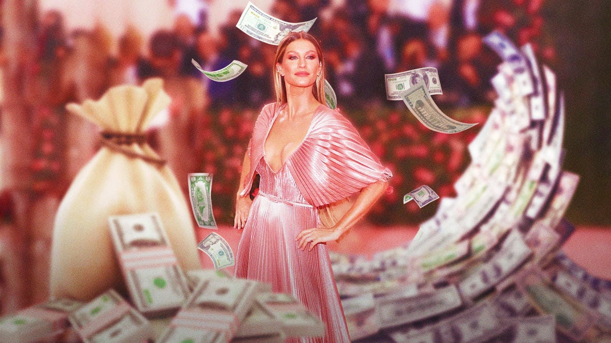 Gisele Bündchen surrounded by piles of cash.