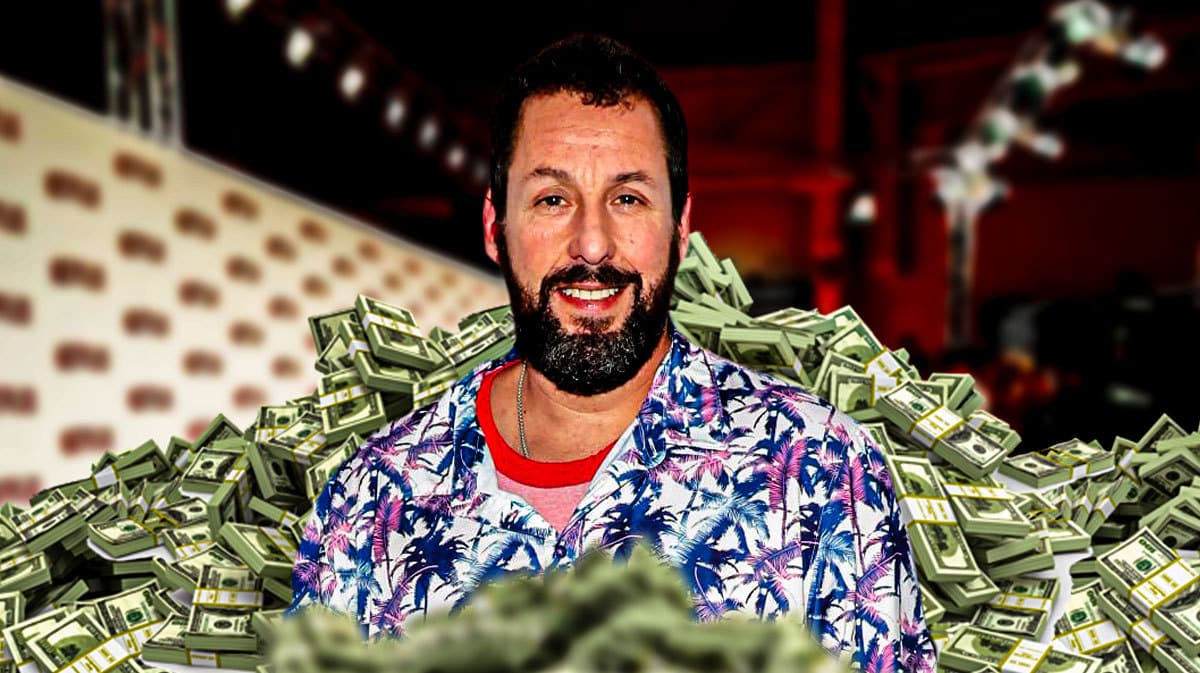 Adam Sandler surrounded by piles of cash.