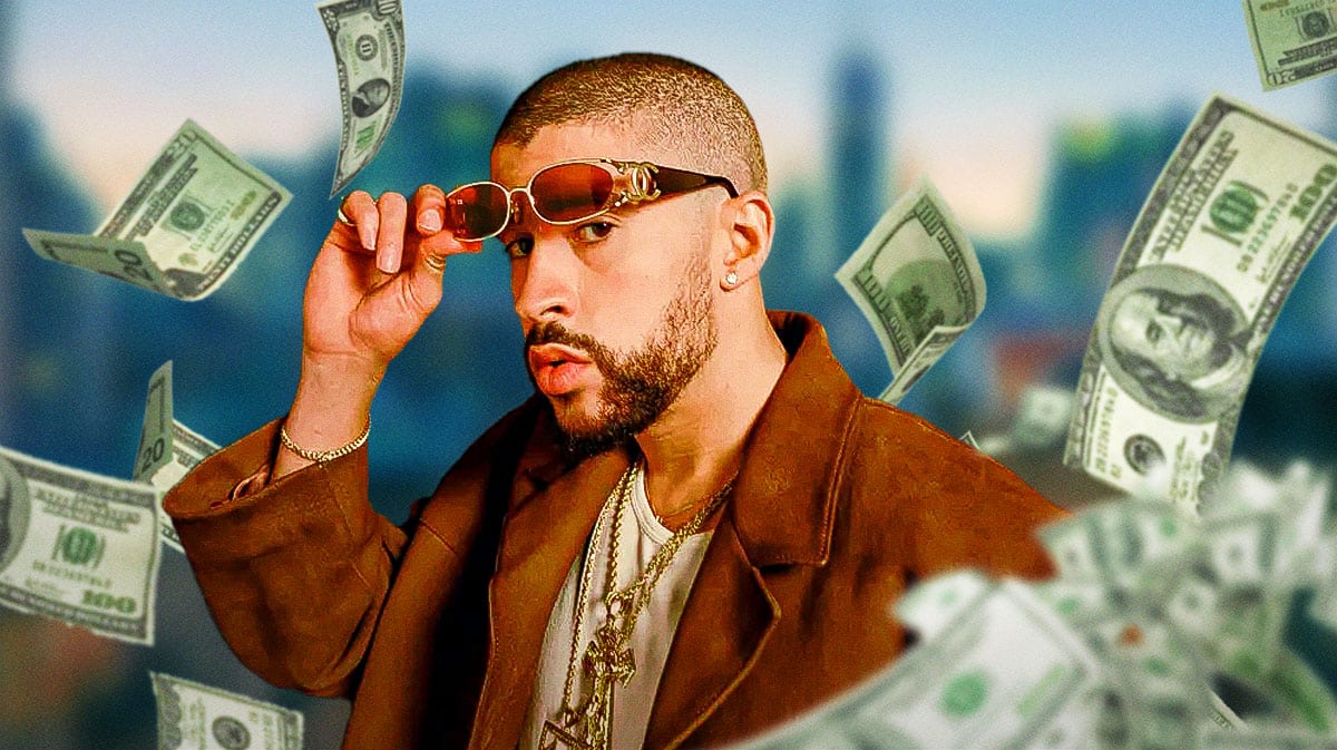 Bad Bunny surrounded by piles of cash.
