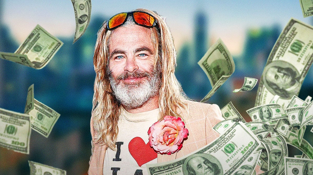 Chris Pine surrounded by falling cash.