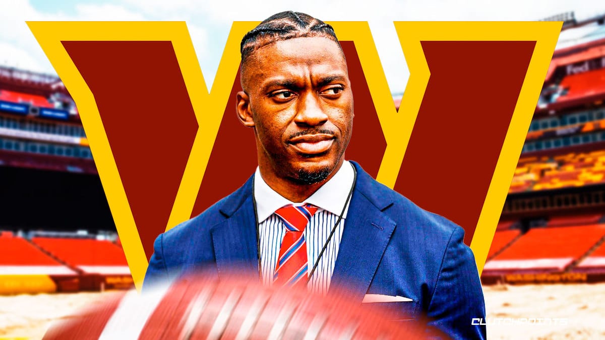 Robert Griffin III with Commanders logo behind him
