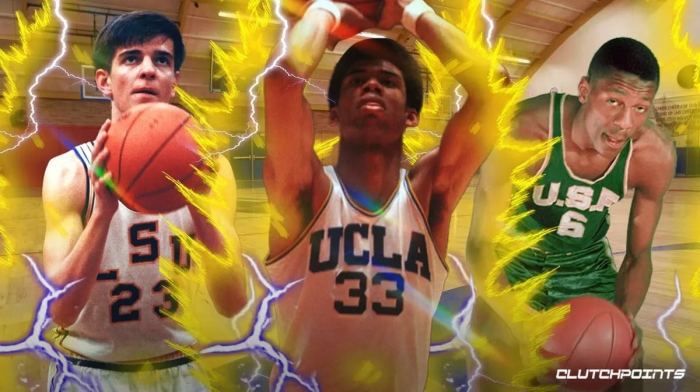 Pete Maravich, Bill Russell, and Lew Alcindor in their college uniforms