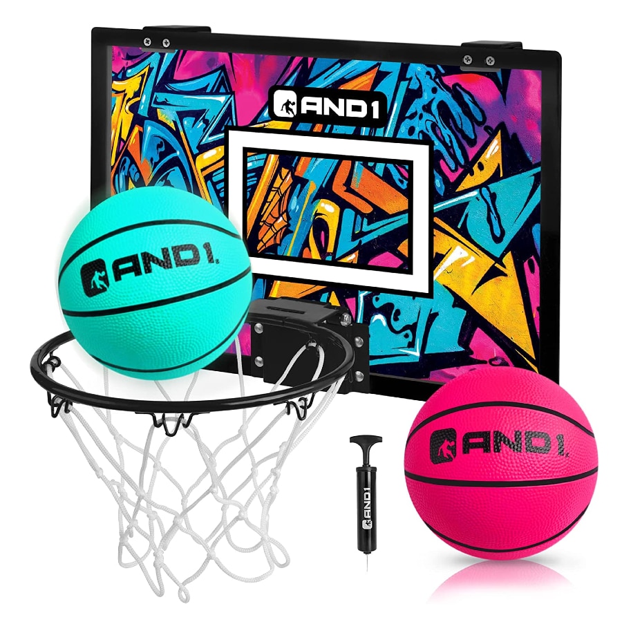AND1 Mini Hoop on a white background with a pink and blue basketballs.