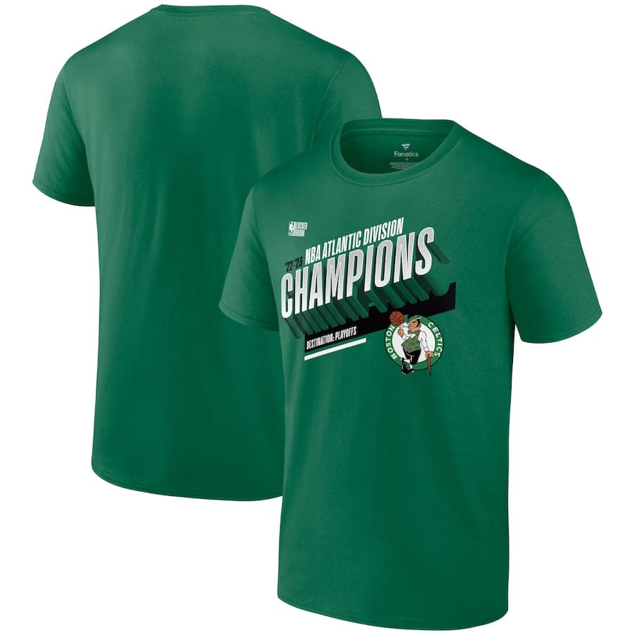 Boston Celtics Atlantic Division Champions Locker Room T-Shirt - Kelly Green colorway on white background.