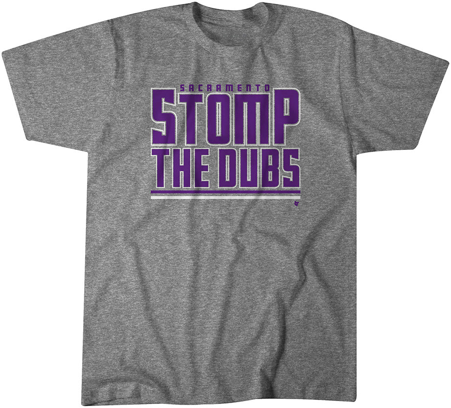 BreakingT Stomp the dubs grey tshirt with purple letters on a white background.