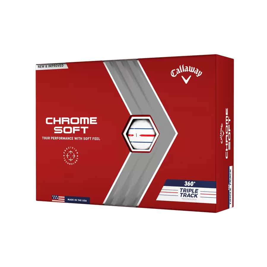 The Callaway Chrome Soft 360 Triple Track Golf Balls with red and blue accent colors in a golf pack on a white background.