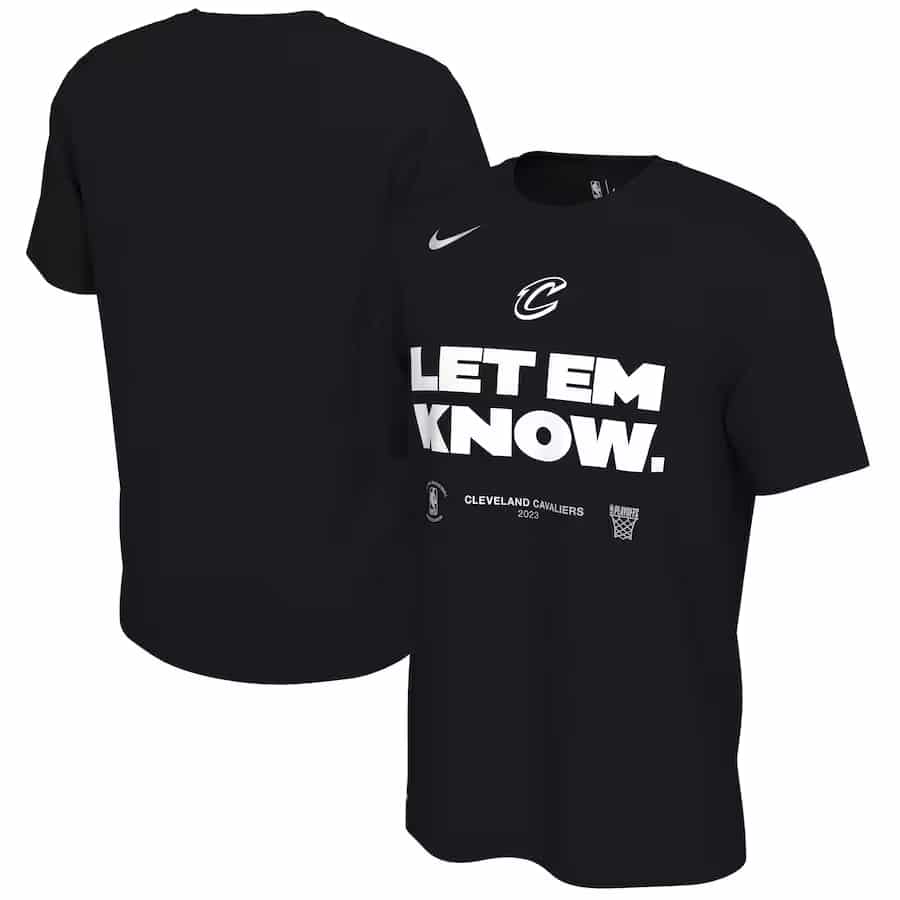 Cavs Nike 2023 NBA Playoffs merchMantra T-Shirt - Black shirt on a white background.