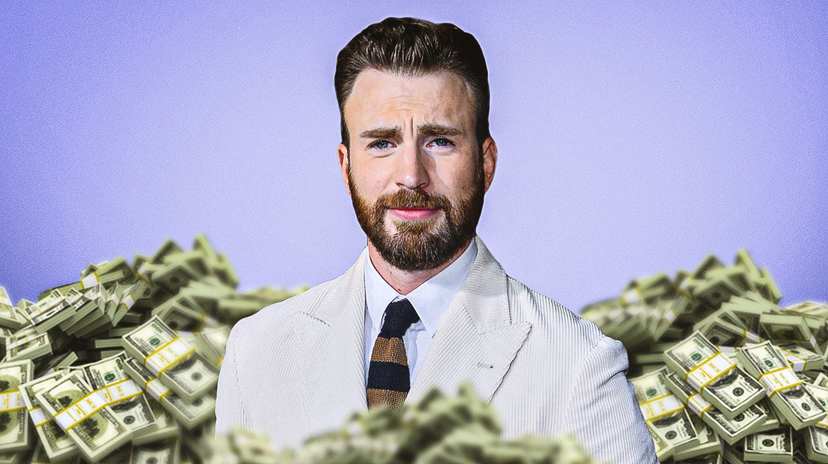 Chris Evans surrounded by piles of cash.