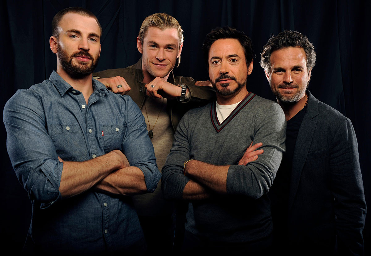 The cast of the new Marvel Comics movie \"The Avengers\": Chris Evans, Chris Helmsworth, Robert Downey Jr. and Mark Ruffalo pose for a portrait at the Four Seasons Hotel on April 12, 2012.