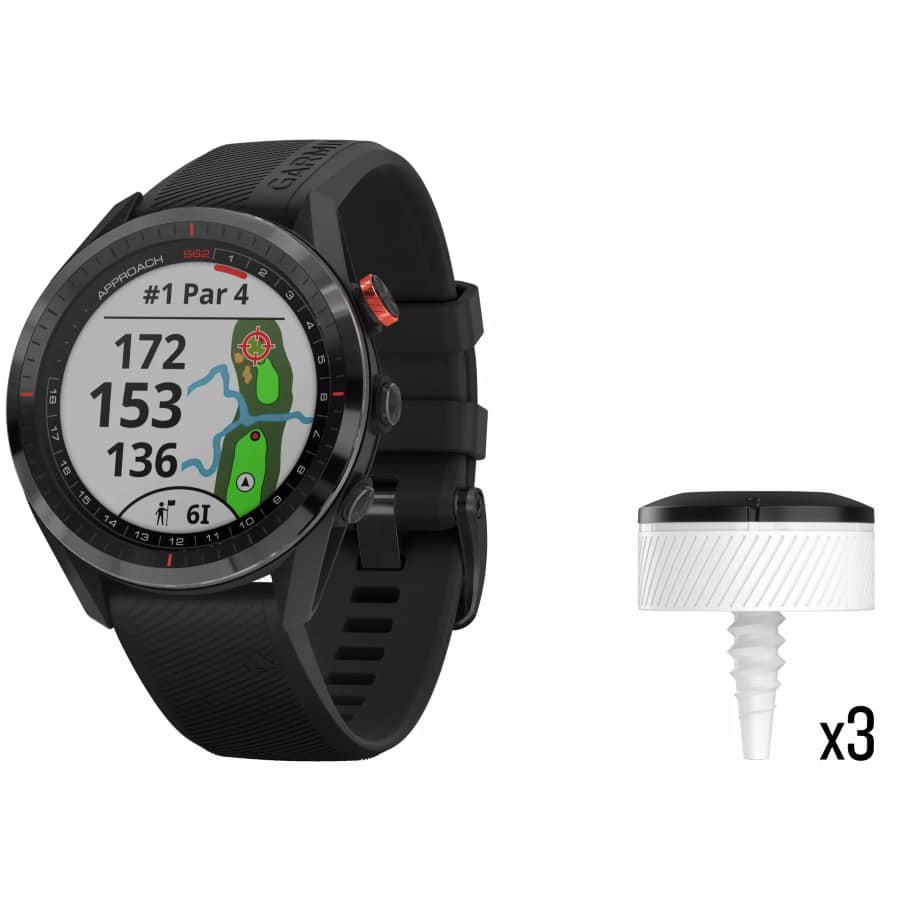 Blacked-out Garmin Approach S62 GPS Smartwatch with club sensors on a white background.