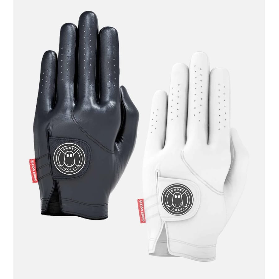 Black and white 2-pack golf gloves from Ghost Golf on a grey background.