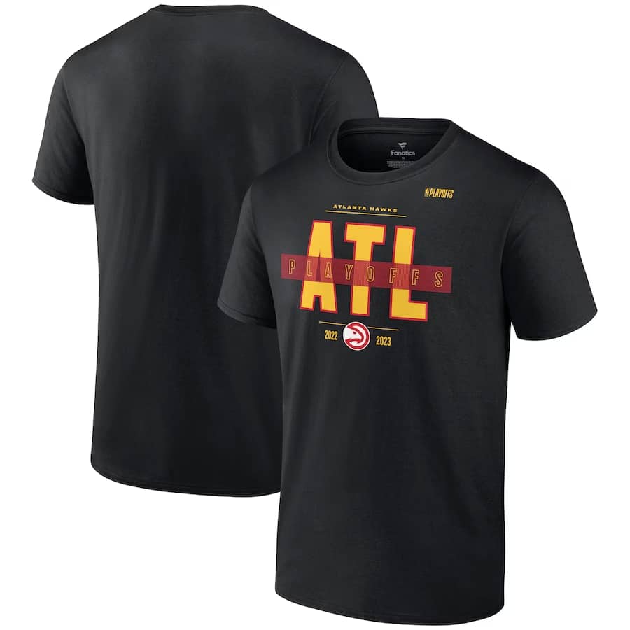 Hawks Fanatics Branded 2023 NBA Playoffs Jump Ball T-Shirt - Black shirt on a white background.