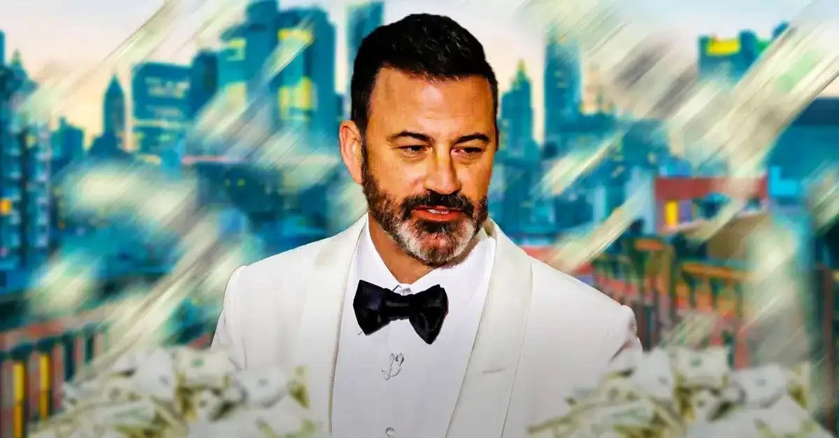 Jimmy Kimmel surrounded by piles of cash.