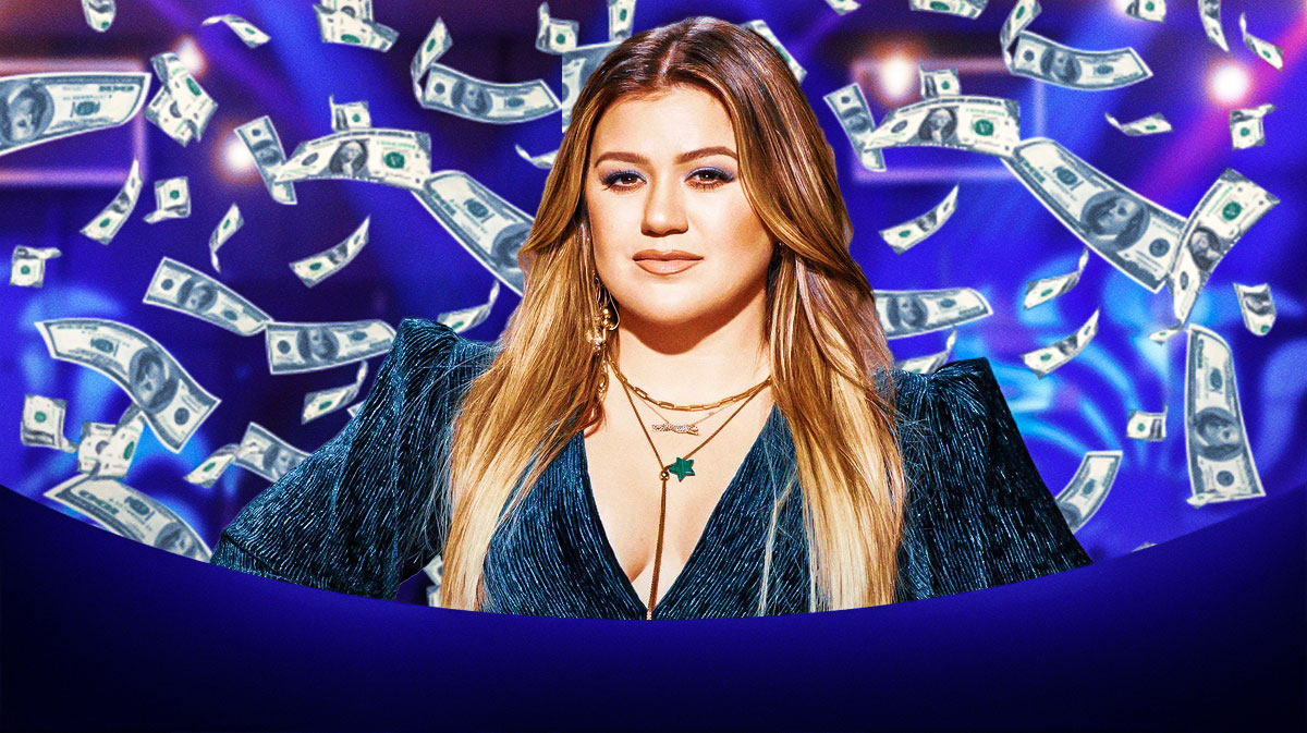 Kelly Clarkson surrounded by falling cash.