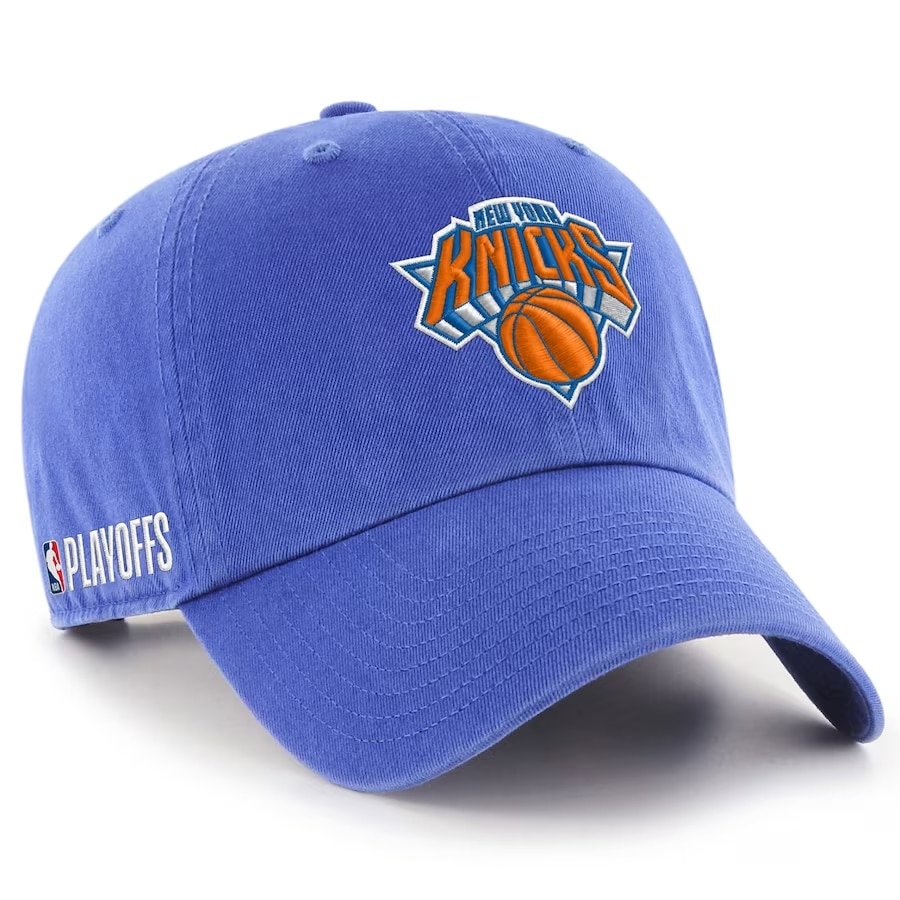 Knicks '47 2023 NBA Playoffs Clean Up Adjustable Hat - Blue baseball cap on a white background.