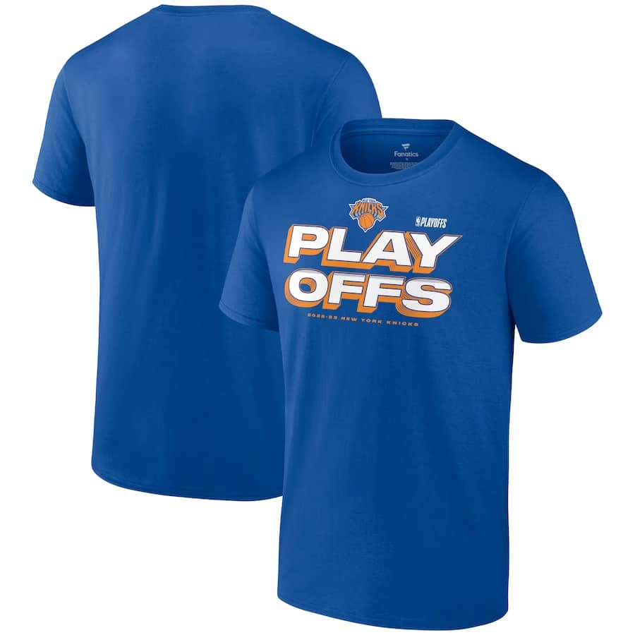 Knicks Fanatics Branded 2023 NBA Playoffs Starter T-Shirt - Royal shirt on a white background. 